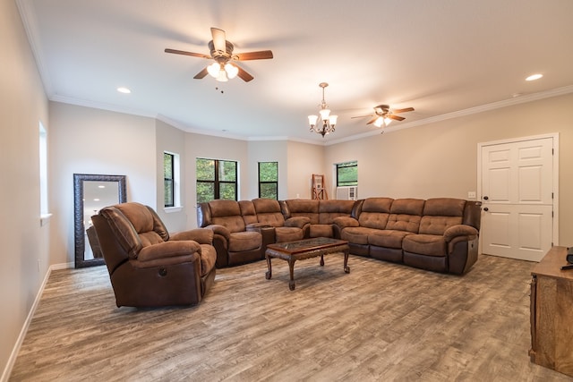 living room featuring crown molding, light wood-type flooring, and ceiling fan with notable chandelier