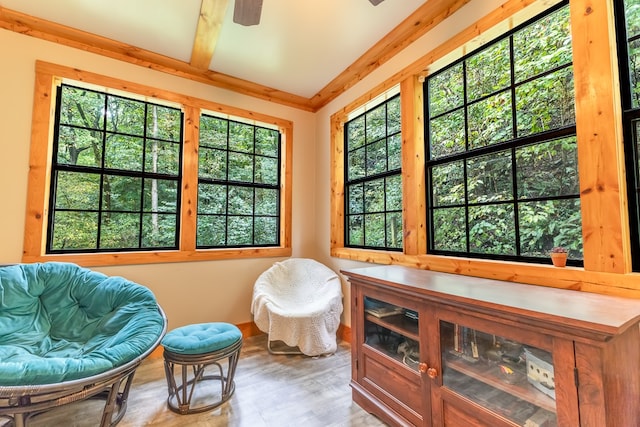 sitting room with ceiling fan and ornamental molding