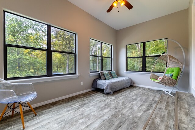 interior space with ceiling fan and light hardwood / wood-style flooring