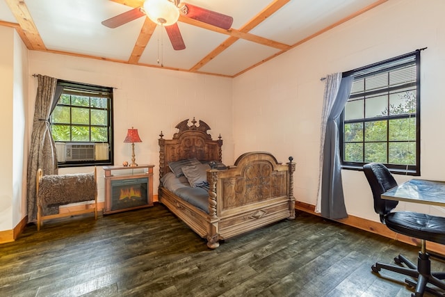 bedroom featuring ceiling fan and dark wood-type flooring