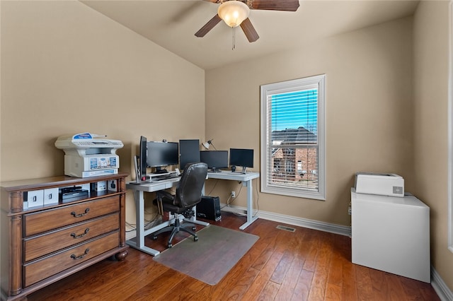 home office featuring ceiling fan and dark hardwood / wood-style flooring