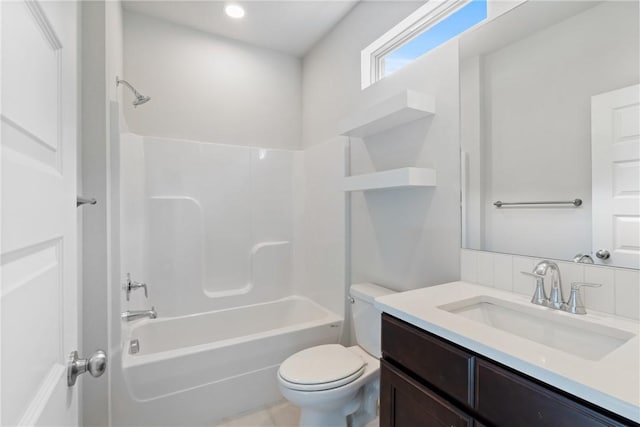 bathroom with shower / bath combination, vanity, toilet, and recessed lighting