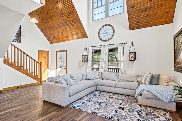 living room with wood ceiling, dark hardwood / wood-style floors, and high vaulted ceiling