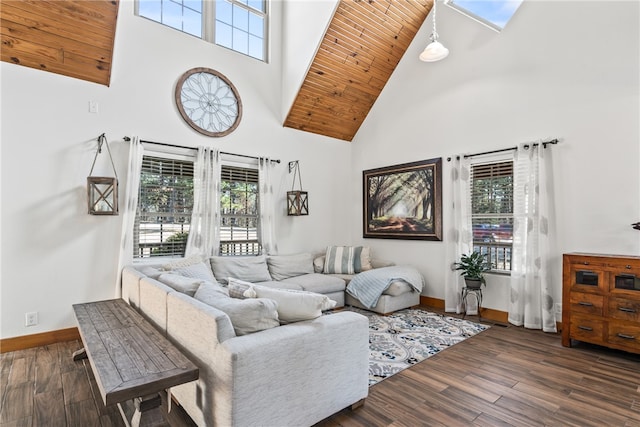 living room featuring a wealth of natural light, high vaulted ceiling, wood ceiling, and dark hardwood / wood-style flooring