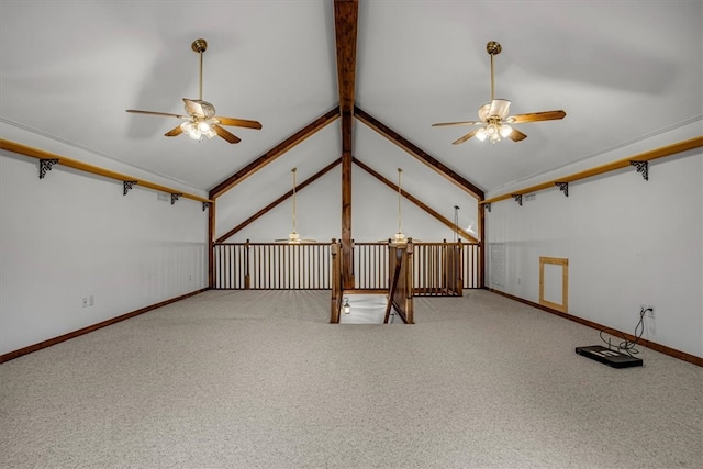 interior space with beamed ceiling, ceiling fan, light colored carpet, and high vaulted ceiling