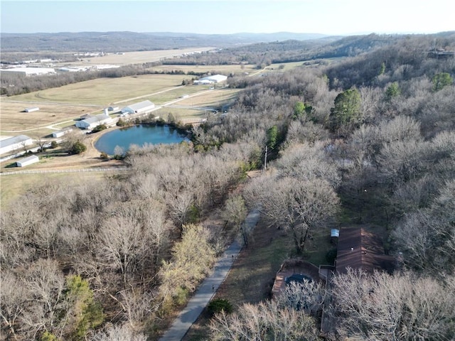 birds eye view of property with a water view and a rural view