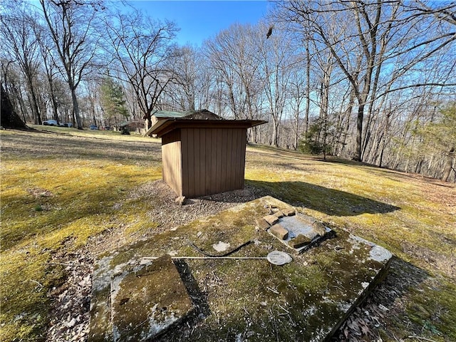 view of yard featuring a storage unit