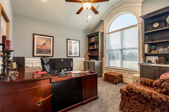 1374 Javello Rd, Tontitown, AR 72762 - office space with ceiling fan, lofted ceiling, and light colored carpet