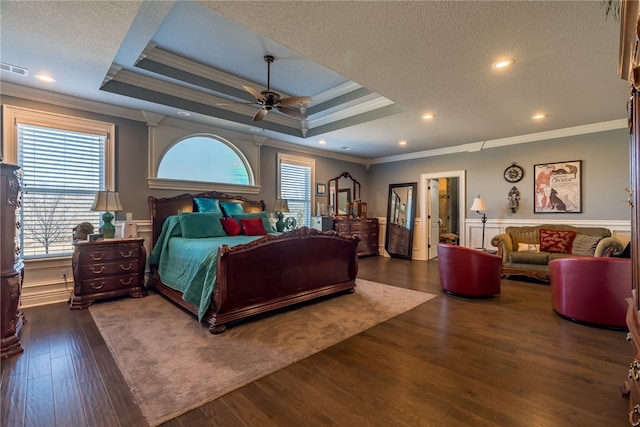 1374 Javello Rd, Tontitown, AR 72762 - bedroom with a tray ceiling, ornamental molding, ceiling fan, and dark hardwood / wood-style flooring