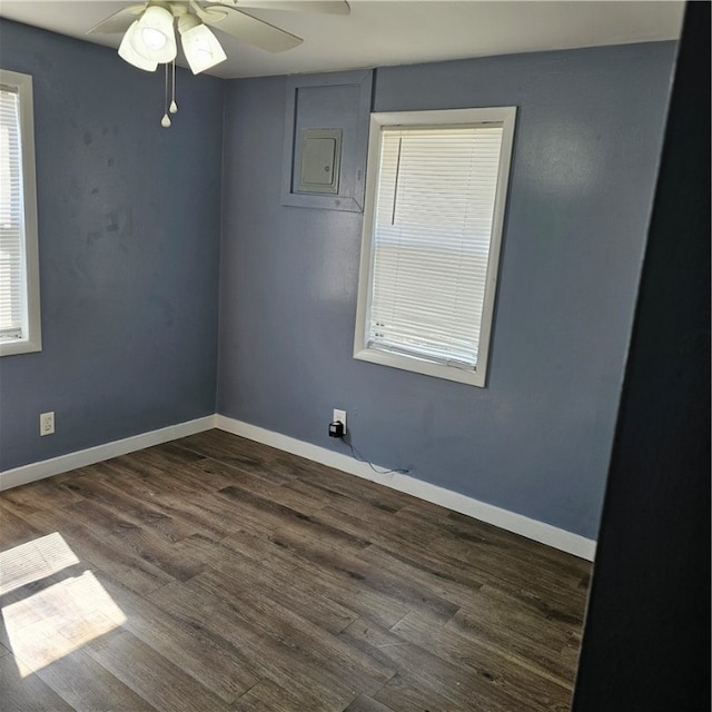 spare room with ceiling fan and dark hardwood / wood-style flooring