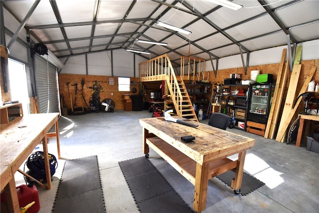 garage with a workshop area