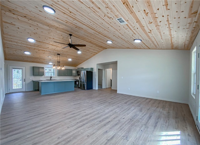 unfurnished living room with sink, ceiling fan with notable chandelier, light wood-type flooring, and wood ceiling