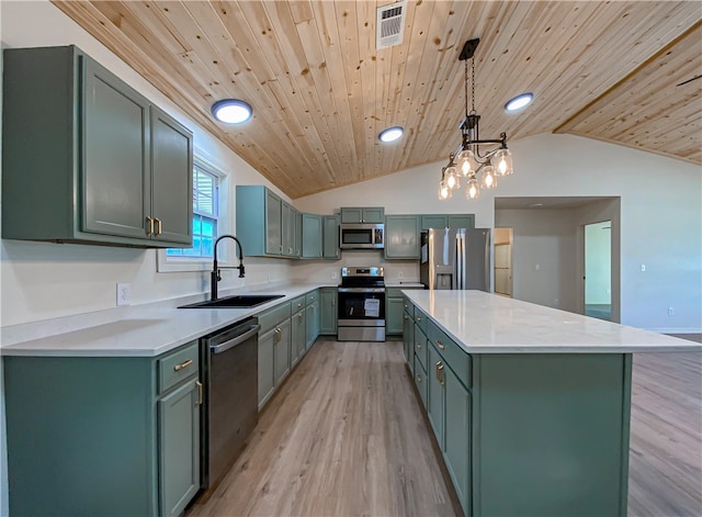 kitchen with green cabinets, wooden ceiling, appliances with stainless steel finishes, light hardwood / wood-style floors, and lofted ceiling