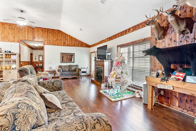 living room featuring ceiling fan, dark wood-type flooring, vaulted ceiling, and a textured ceiling