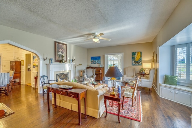 living room with a tiled fireplace, a wealth of natural light, and dark hardwood / wood-style flooring