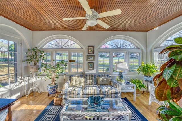 sunroom featuring ceiling fan and a healthy amount of sunlight