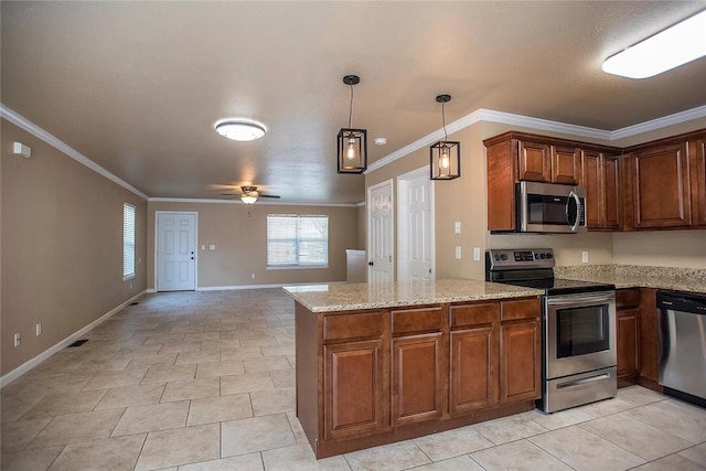 kitchen featuring light tile floors, appliances with stainless steel finishes, and ceiling fan