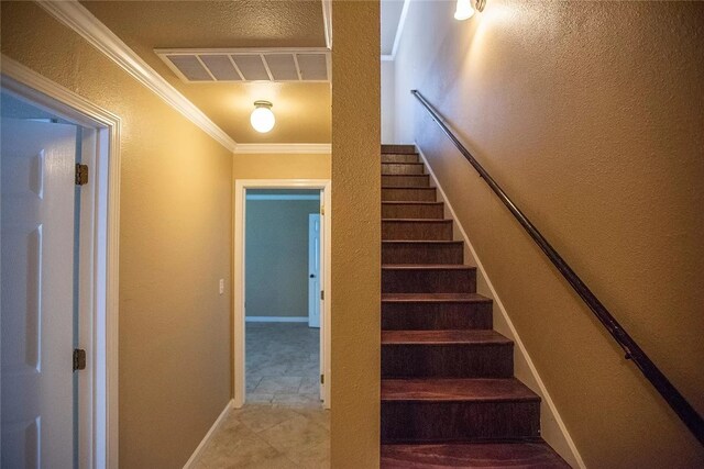 2449 Brophy Cir, Fayetteville, AR 72703 - stairway featuring light tile floors and crown molding