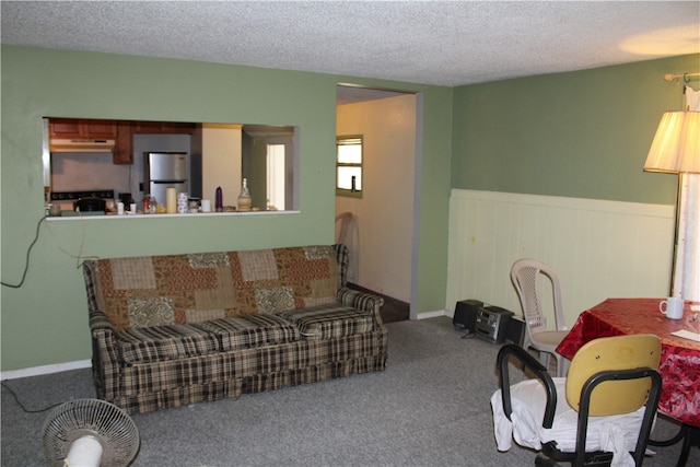 living room featuring carpet flooring and a textured ceiling