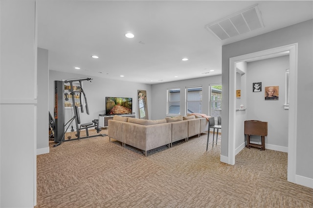 living room with light colored carpet