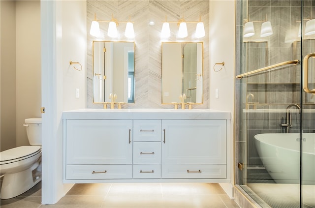 bathroom with walk in shower, tile floors, oversized vanity, dual sinks, and toilet