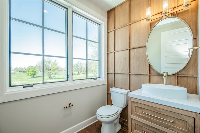 bathroom featuring hardwood / wood-style flooring, toilet, and vanity