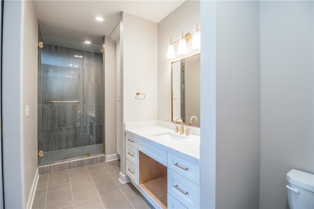 bathroom with tile floors, an enclosed shower, toilet, and large vanity