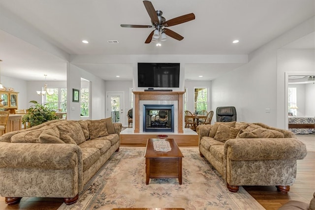 living room featuring a healthy amount of sunlight, ceiling fan with notable chandelier, and light wood-type flooring