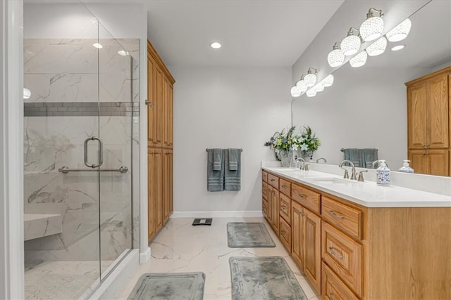 bathroom featuring large vanity, an enclosed shower, tile floors, and double sink