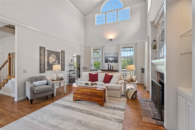 living room with wood-type flooring, high vaulted ceiling, and crown molding