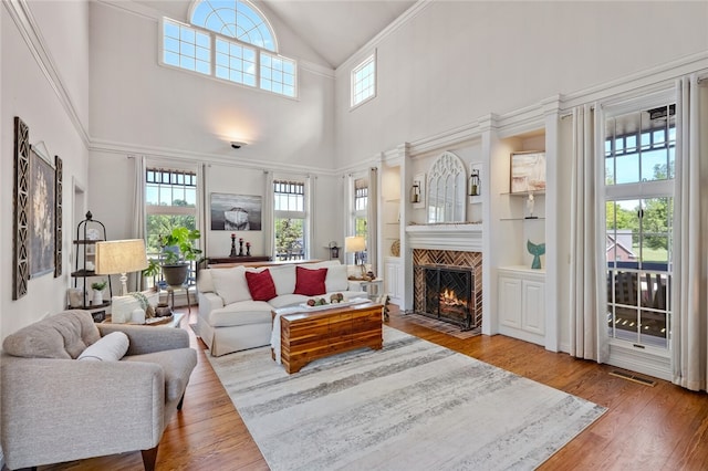 living room featuring wood-type flooring, a high ceiling, and a wealth of natural light