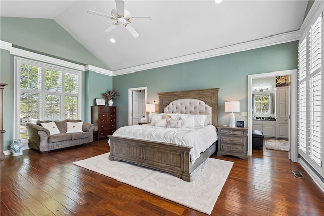 bedroom with ceiling fan, crown molding, and dark hardwood / wood-style floors