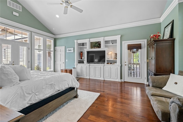 bedroom featuring french doors, ceiling fan, access to exterior, dark hardwood / wood-style floors, and lofted ceiling