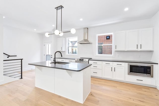 kitchen featuring wall chimney range hood, stainless steel appliances, sink, tasteful backsplash, and light hardwood / wood-style floors