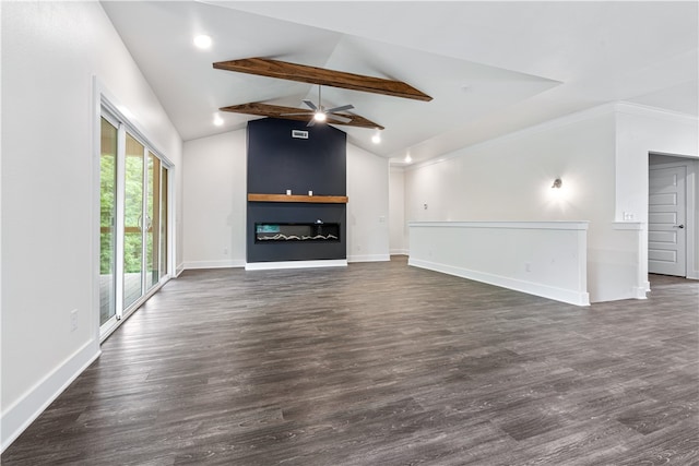 unfurnished living room featuring a fireplace, dark hardwood / wood-style flooring, vaulted ceiling with beams, and ceiling fan