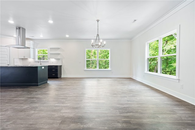 kitchen with ventilation hood, hanging light fixtures, a wealth of natural light, and dark wood-type flooring