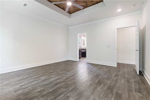 unfurnished living room with ceiling fan, wooden ceiling, a raised ceiling, dark hardwood / wood-style floors, and crown molding