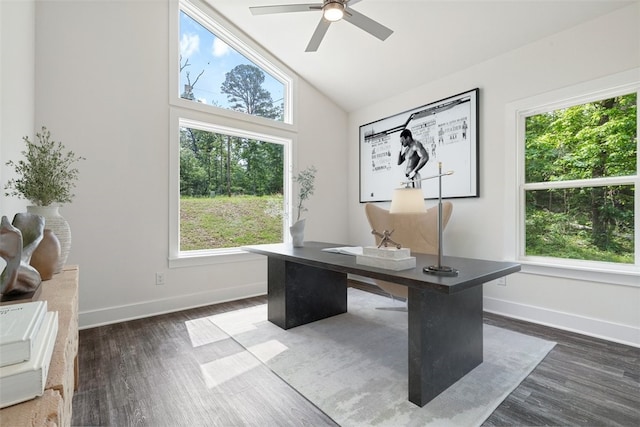 office with ceiling fan, a healthy amount of sunlight, and dark hardwood / wood-style flooring