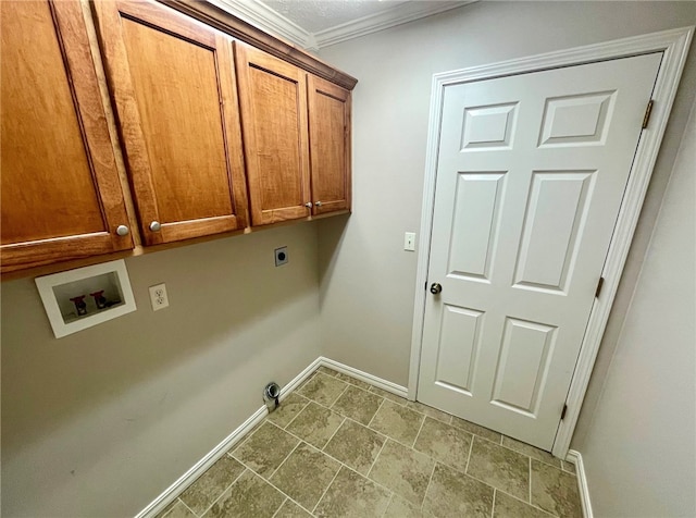 washroom with crown molding, electric dryer hookup, washer hookup, and cabinets