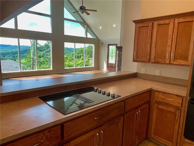 kitchen with ceiling fan, plenty of natural light, kitchen peninsula, and black appliances