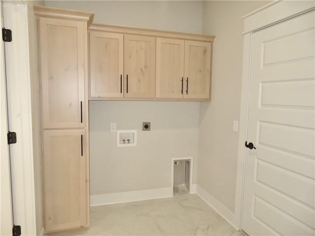 laundry room with washer hookup, marble finish floor, cabinet space, electric dryer hookup, and baseboards