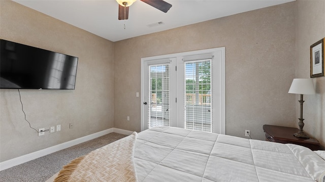 bedroom with ceiling fan, access to exterior, and carpet