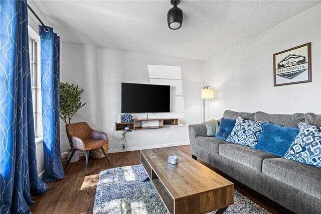 living room with a textured ceiling and dark hardwood / wood-style floors