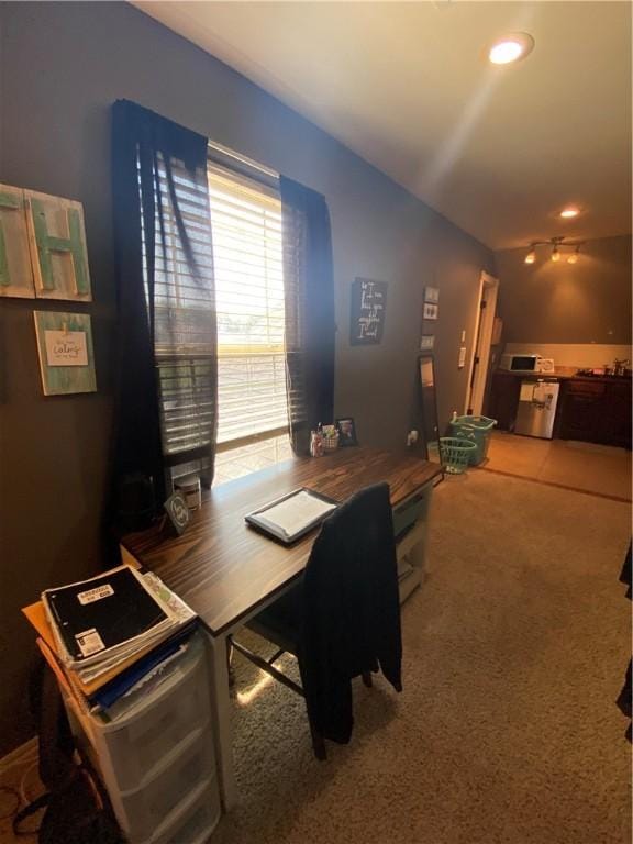 dining space featuring carpet flooring