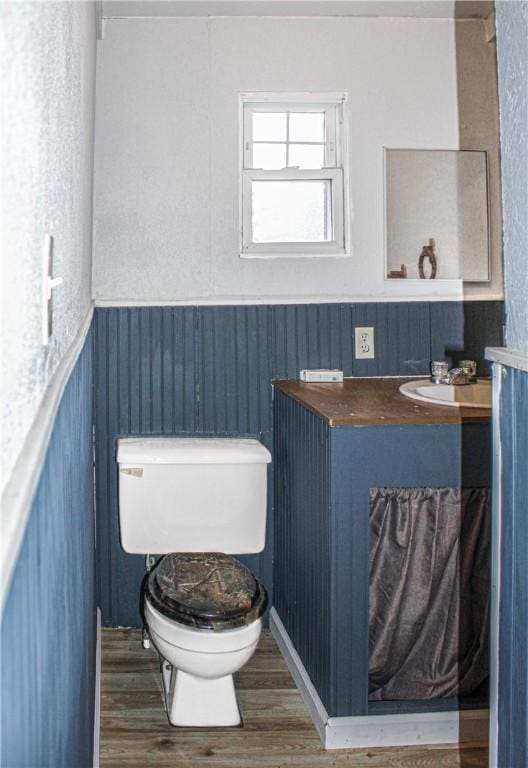 bathroom with hardwood / wood-style floors, vanity, and toilet