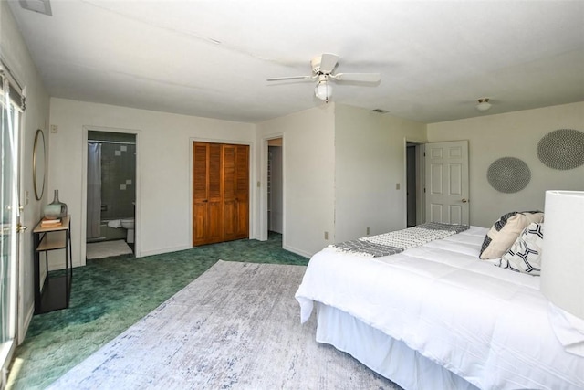 bedroom with carpet, baseboards, ceiling fan, and connected bathroom