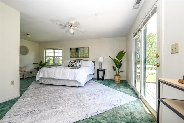 bedroom with visible vents, baseboards, ceiling fan, access to outside, and carpet floors