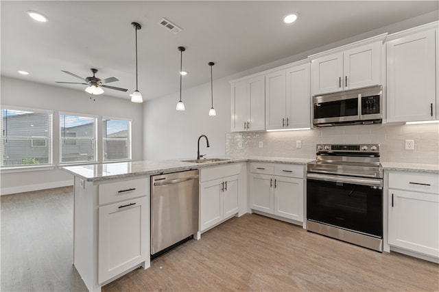 kitchen with appliances with stainless steel finishes, sink, kitchen peninsula, and white cabinets