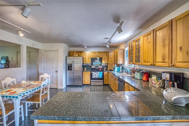 kitchen featuring rail lighting, stainless steel appliances, dark tile patterned flooring, and sink