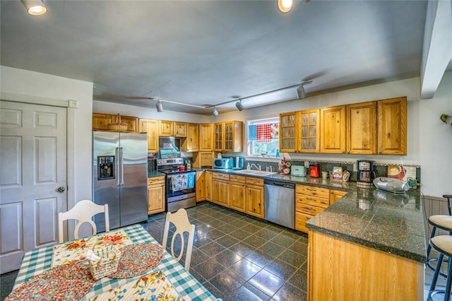 kitchen with kitchen peninsula, sink, rail lighting, and stainless steel appliances